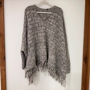 Peruvian Connection Baby Alpaca Wool Poncho Women XL Gray Fringe Sweater Boho
